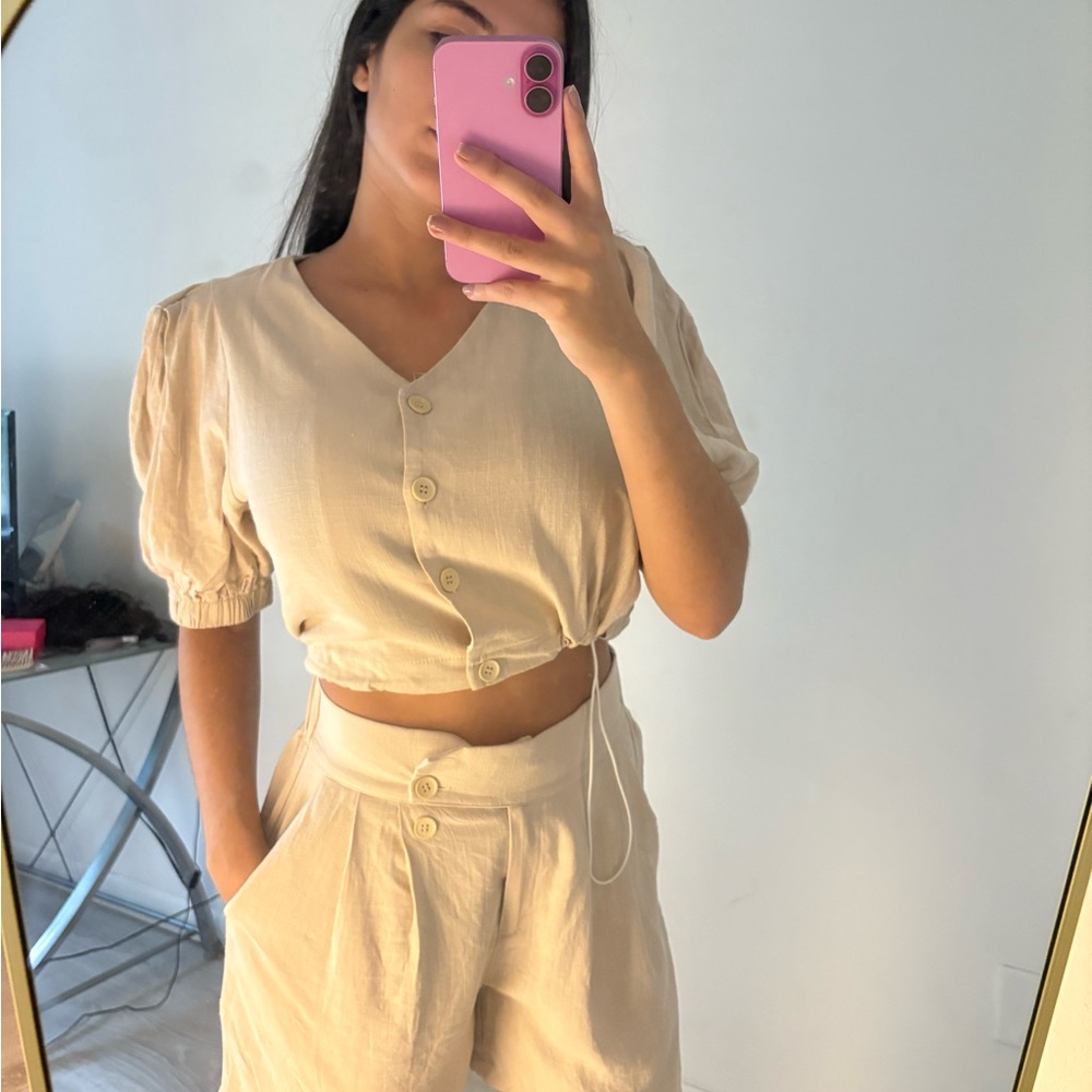 Cream Button-Up Crop Top and Pants Set